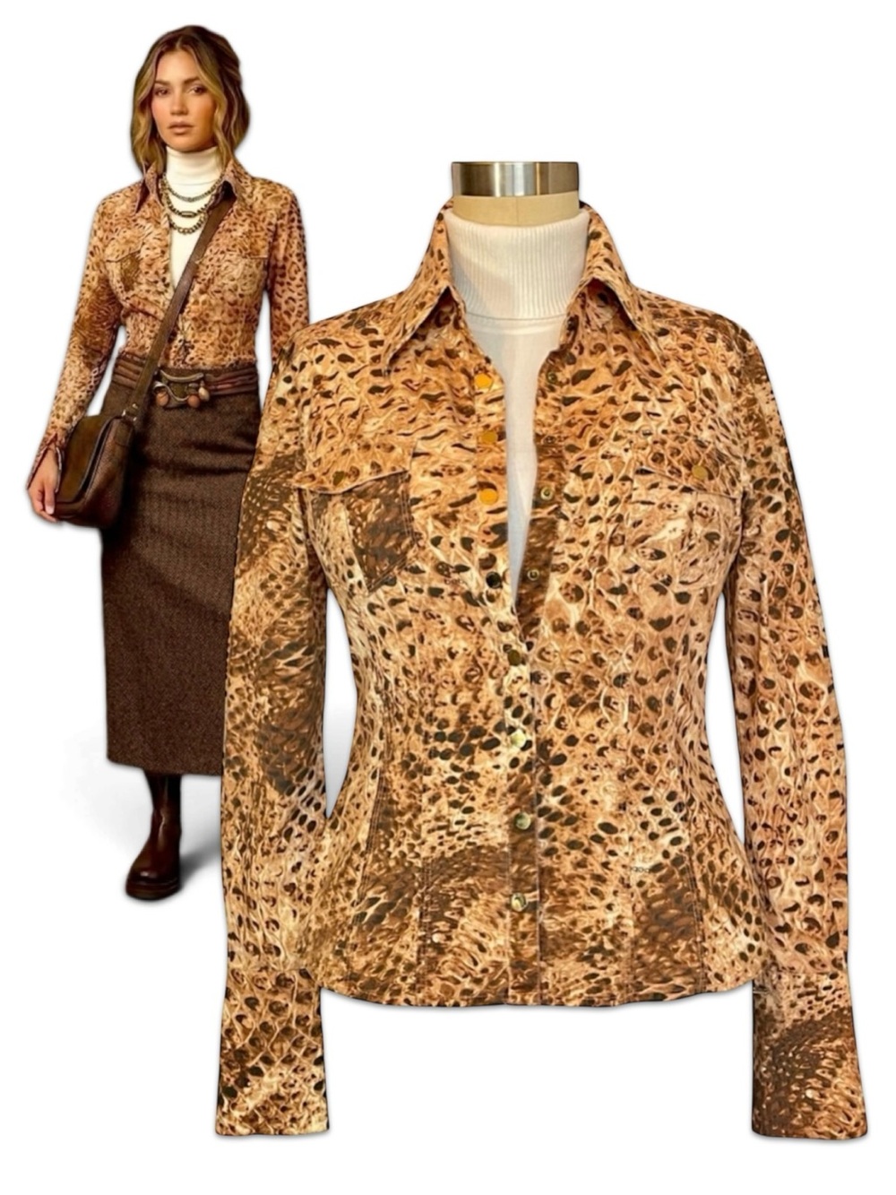 Bebe Y2K Abstract Leopard Cheetah Ocelot Logo Snap Front shirt Top Jacket Small